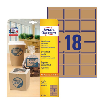 Etikett AVERY L7110-25 62x42mm termék címke környezetbarát barna 450 címke/doboz 25 ív/doboz