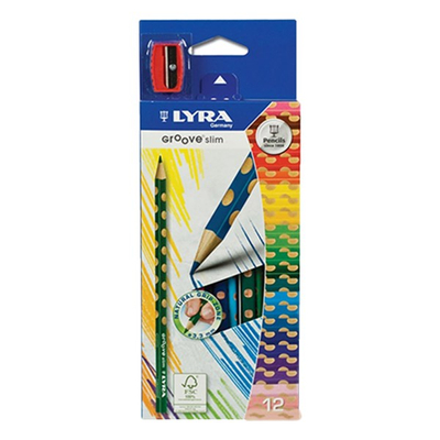 Színes ceruza LYRA Groove Slim háromszögletű vékony 12 db/készlet+hegyező