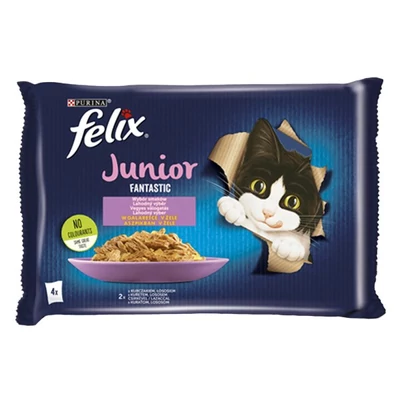 Állateledel alutasakos FELIX Fantastic Junior macskáknak csirke-lazac válogatás aszpikban 4x85 g