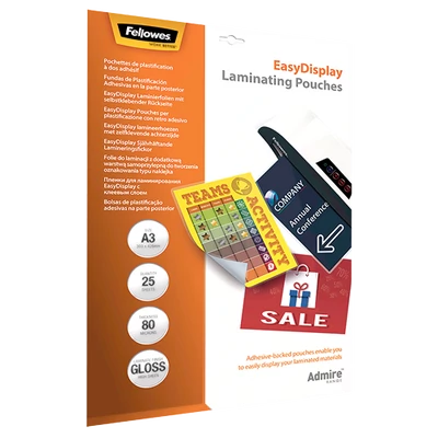 Lamináló fólia FELLOWES A/3 Admire Easy Display 80 mikron fényes öntapadó 25 darabos