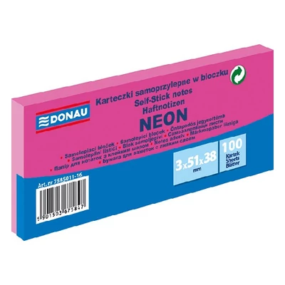 Öntapadós jegyzettömb DONAU 38x51 mm 3x100 lap neon rózsaszín