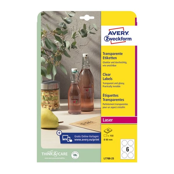 Etikett AVERY L7788-25 80 mm víztiszta átlátszó kör 25 íves