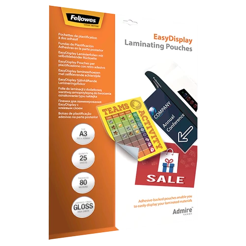 Lamináló fólia FELLOWES A/3 Admire Easy Display 80 mikron fényes öntapadó 25 darabos